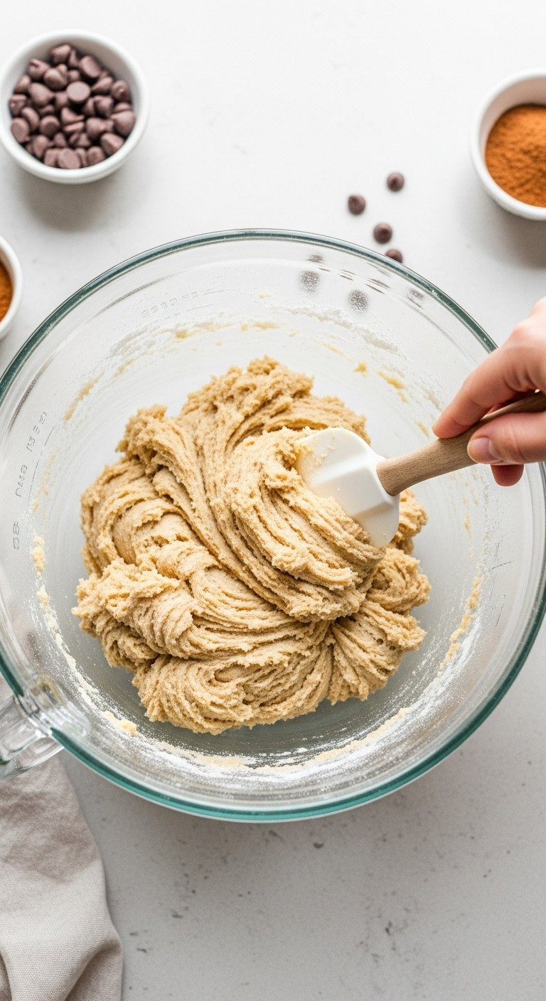 Silicone Spatula Folding Almond Flour Into Thick Cookie Dough In A Glass Bowl On A Light, Minimalist Kitchen Counter.