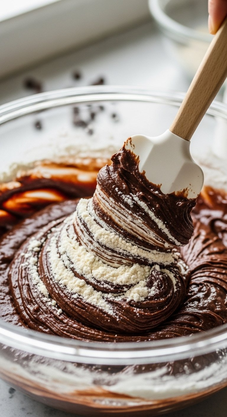 Silicone Spatula Folding Dry Flour Streaks Into A Glossy Dark Chocolate Brownie Cookie Batter.