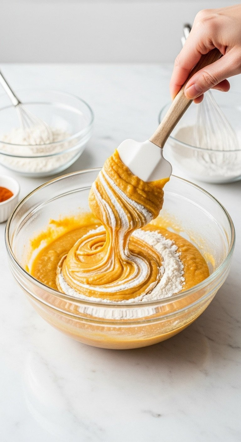 Silicone Spatula Gently Folding Thick Orange Pumpkin Batter With White Flour Streaks In A Glass Bowl On A White Marble Counter.