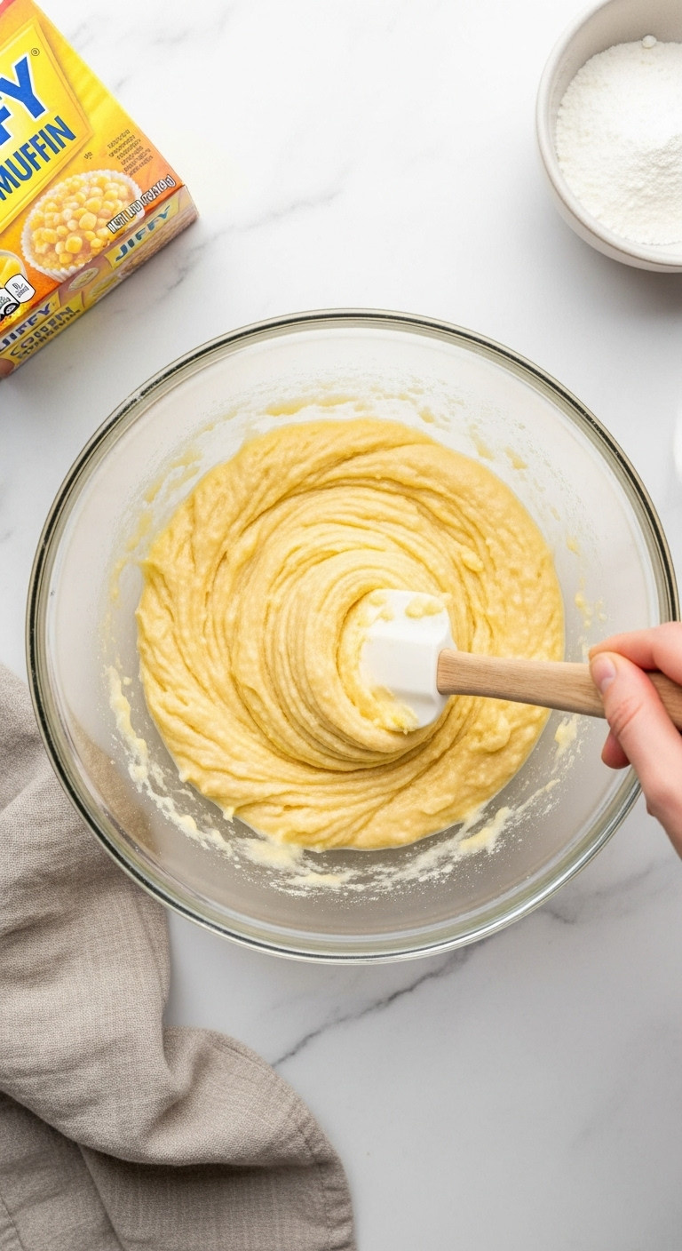 Silicone Spatula Gently Folding Yellow Corn Muffin Mix Into Creamy Batter In A Glass Bowl On A White Marble Countertop, Showing Streaks.