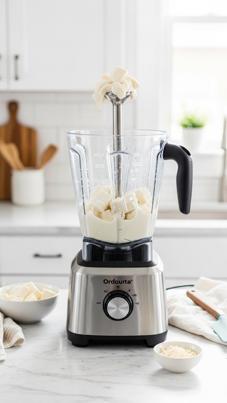 Silken Tofu Pieces Blending Into A Smooth, Creamy White Purée In A Powerful Countertop Blender, On A Marble Counter.