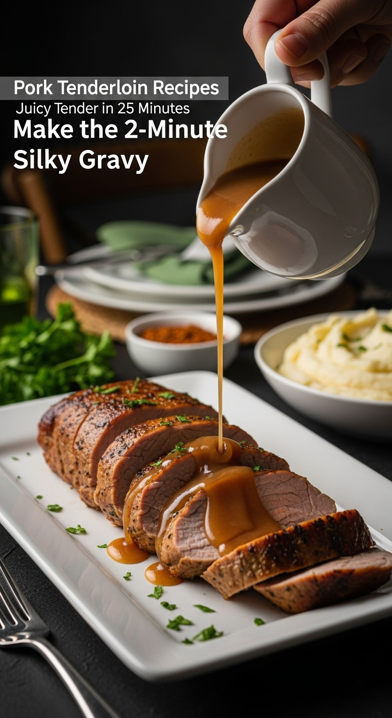 Silky Brown Gravy Being Poured Over Sliced Pork Tenderloin On A White Platter With Parsley And Mashed Potatoes