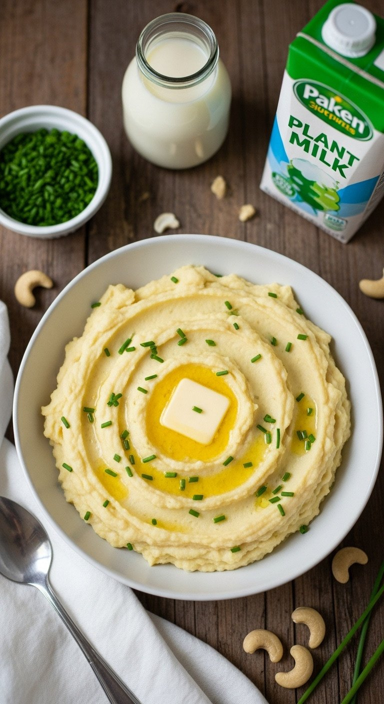 Silky, Creamy Cashew Mashed Potatoes, Topped With Melting Vegan Butter And Fresh Chives In An Elegant Bowl, Showing Velvety Texture.