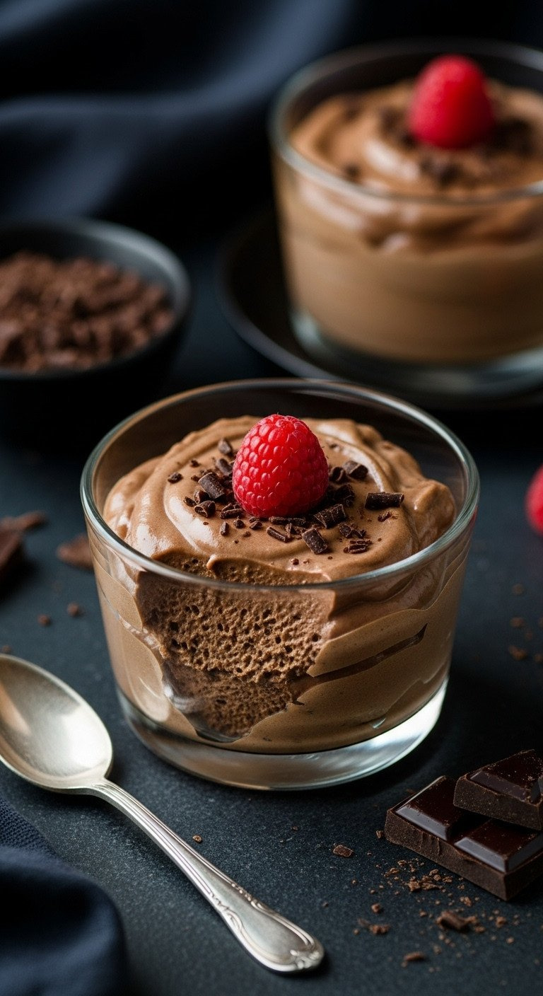 Silky Dairy-Free Chocolate Avocado Mousse In Glass. Velvety, With Raspberry And Chocolate Shavings. Gluten-Free Dessert.
