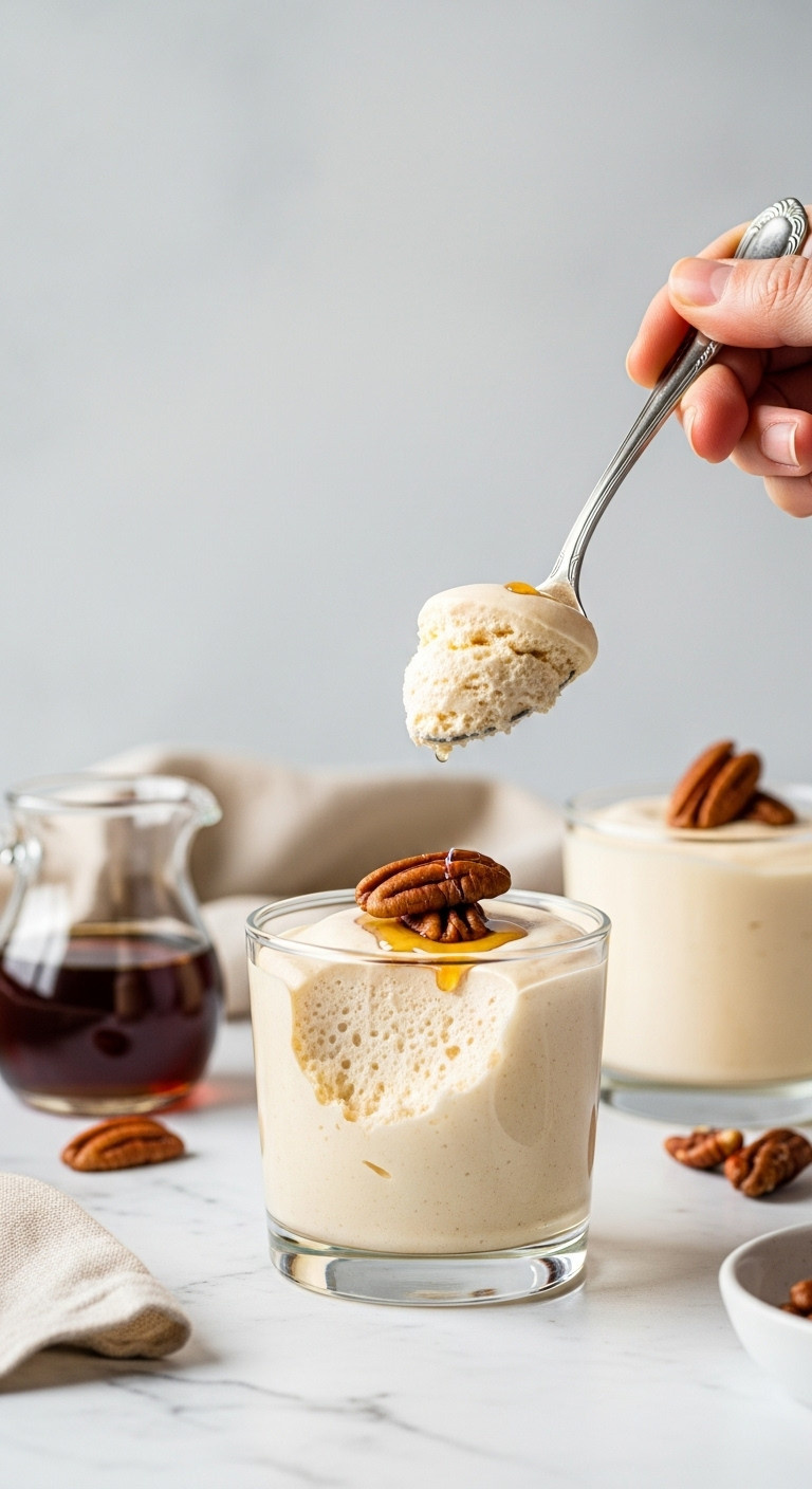 Silky No-Bake Maple Mousse In A Clear Glass Cup With A Scoop Taken, Garnished With A Candied Pecan And Maple Syrup Drizzle.