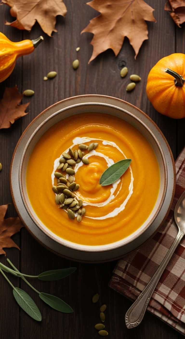 Silky Slow Cooker Butternut Squash Soup With Cream Swirl, Toasted Pumpkin Seeds, And Sage Leaf In A Ceramic Bowl On A Rustic Wood Table.