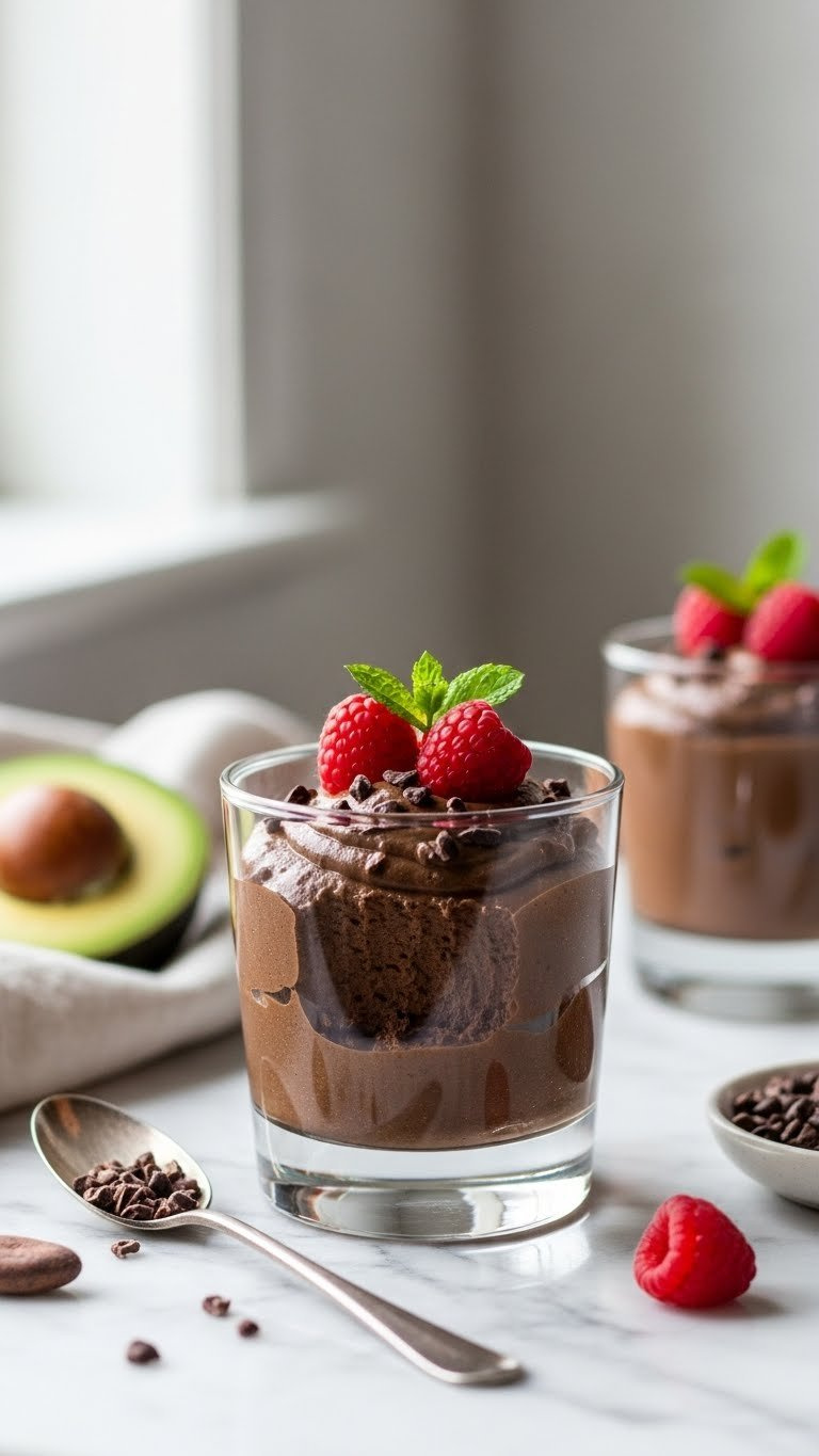 Silky Smooth Chocolate Avocado Mousse With Raspberries In Elegant Glass On Marble Countertop