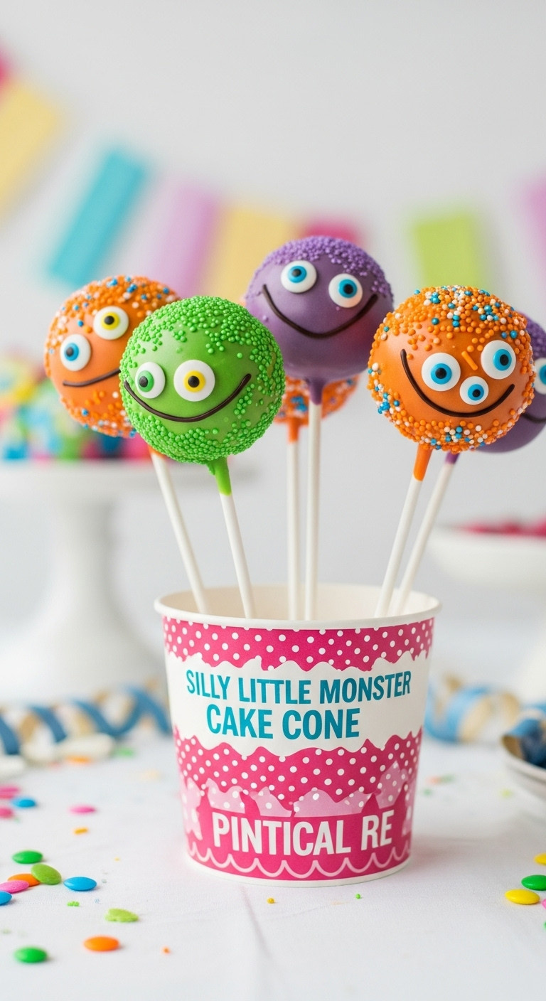 Silly Little Monster Cake Pops With Candy Eyeballs And Sprinkles In A Cake Pop Stand On A White Tablecloth