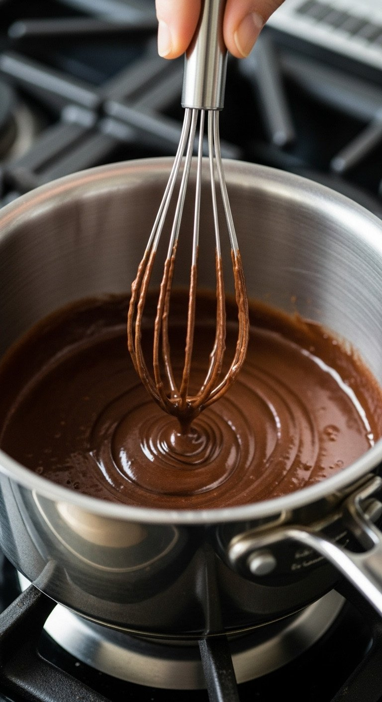 Silver Whisk Mixing Cocoa Powder, Sugar, Milk Into Glossy Dark Chocolate Paste In A Steel Saucepan. Illustrates Recipe Technique.