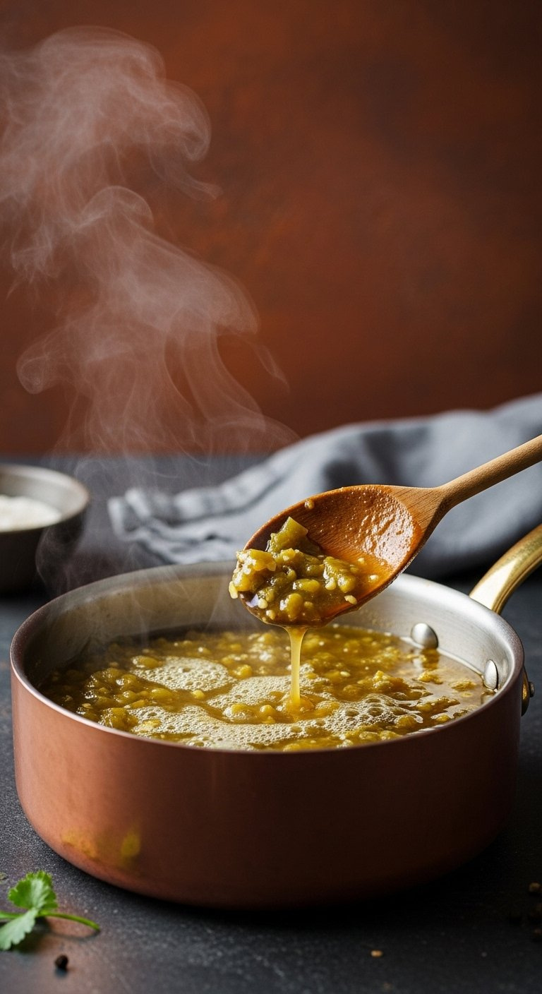 Simmering Green Chili Sauce In A Copper Saucepan With A Wooden Spoon On A Dark Stone Surface.