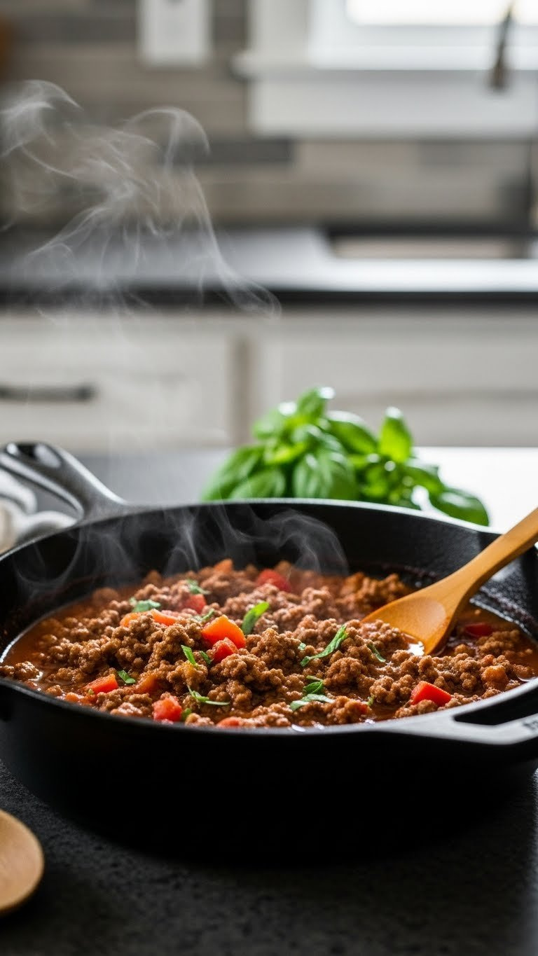 Simmering Ground Beef Meat Sauce In Cast-Iron Skillet With Herbs, Diced Tomatoes, And Steam Rising From Rustic Kitchen Setting