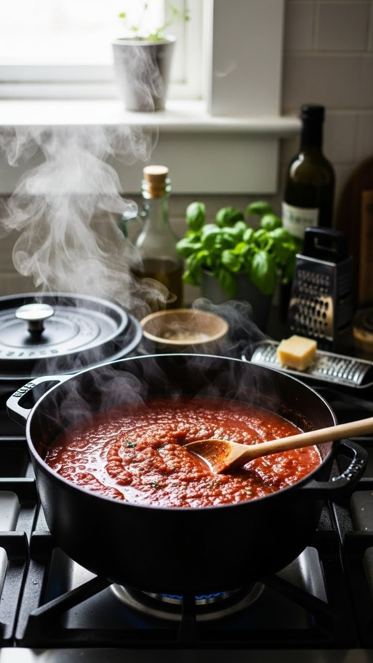 Simmering Marinara Sauce Bubbling In A Dutch Oven With A Wooden Spoon Resting Against The Pot's Edge