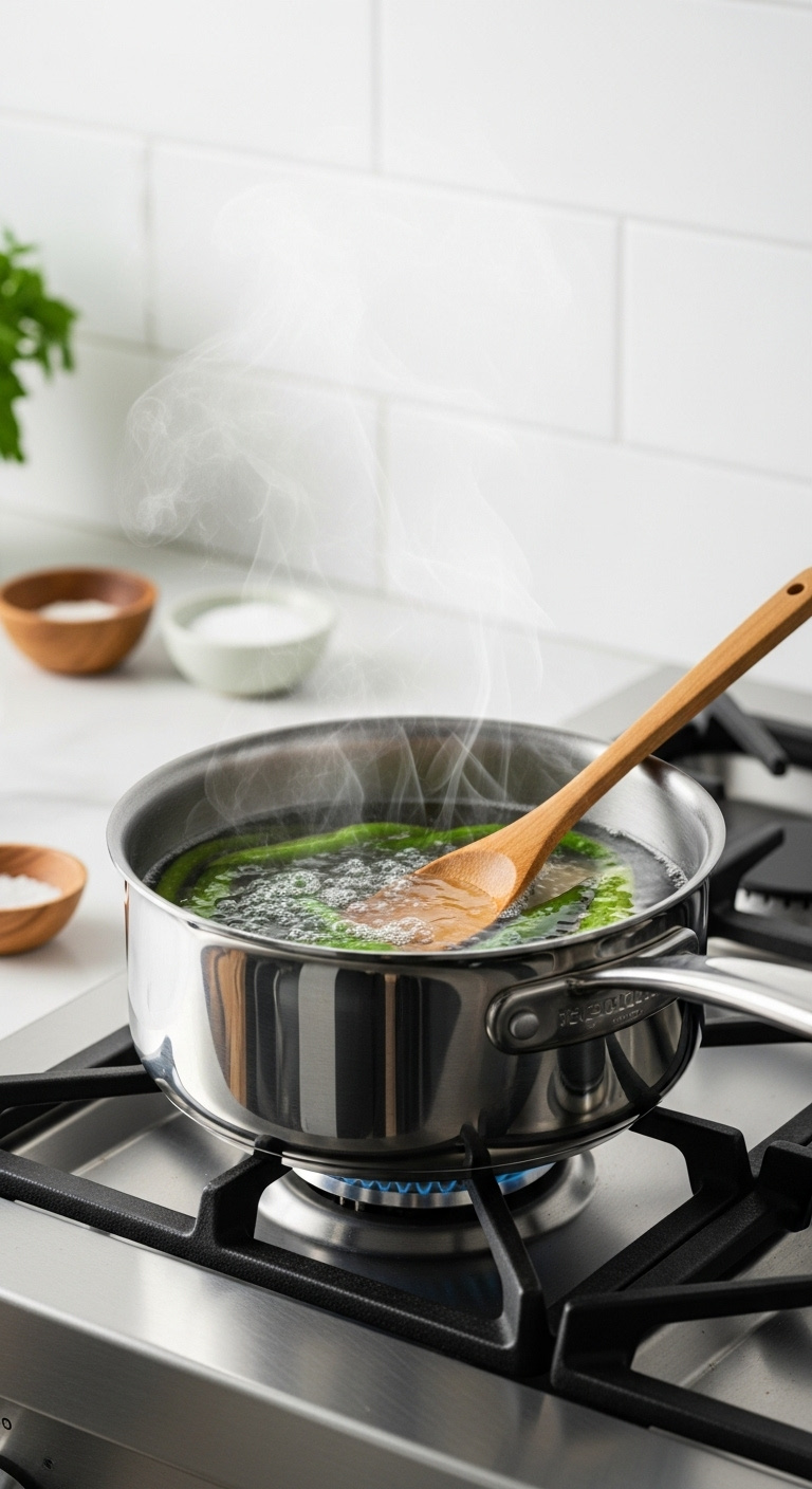 Simmering Pickling Brine In A Stainless Steel Saucepan On A Modern Stovetop With Salt And Sugar Bowls Nearby