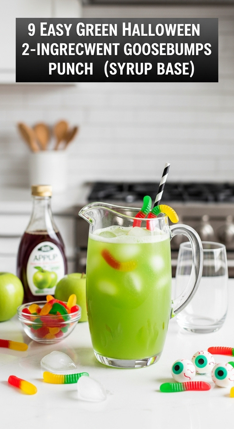 Simple 2 Ingredient Goosebumps Punch With Gummy Worms And Eyeball Ice Cubes In A Glass Pitcher