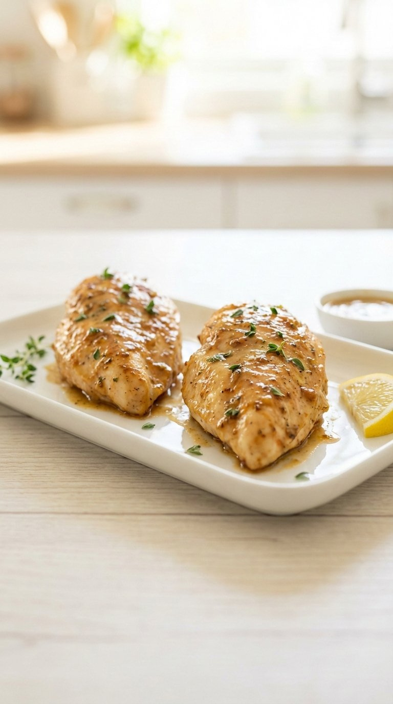 Simple 5-Ingredient Baked Chicken Dinner With Tender Juicy Breasts On White Porcelain Plate Minimalist Presentation