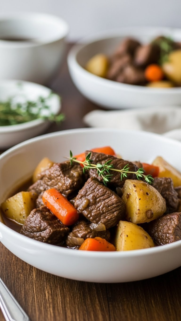 Simple 5-Ingredient Beef Stew With Chunks Of Beef, Potatoes, And Carrots In Rich Gravy On Dark Wood