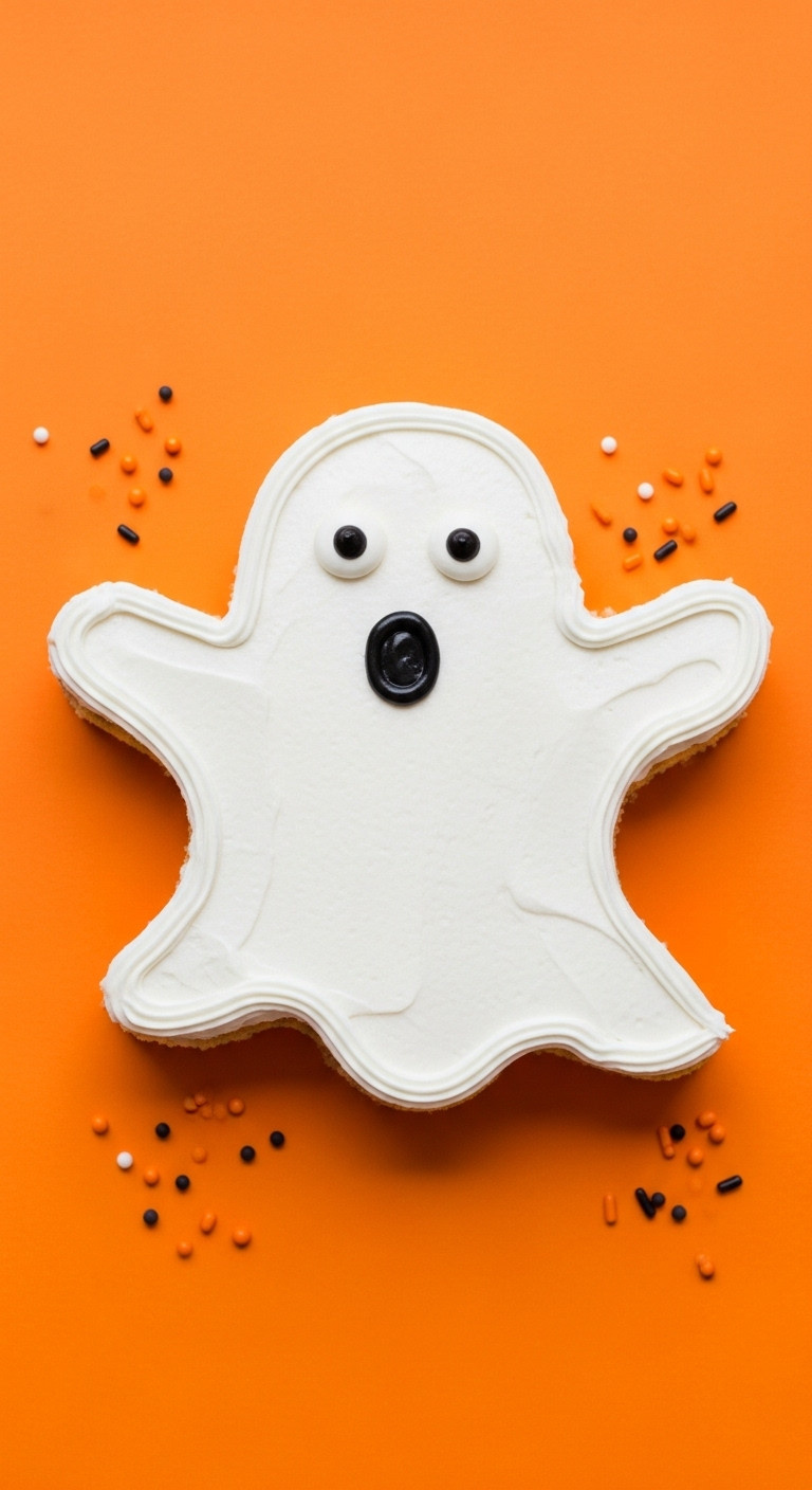 Simple Ghost-Shaped Vanilla Cake With Black Eyes And Mouth On An Orange Paper Background With Sprinkles