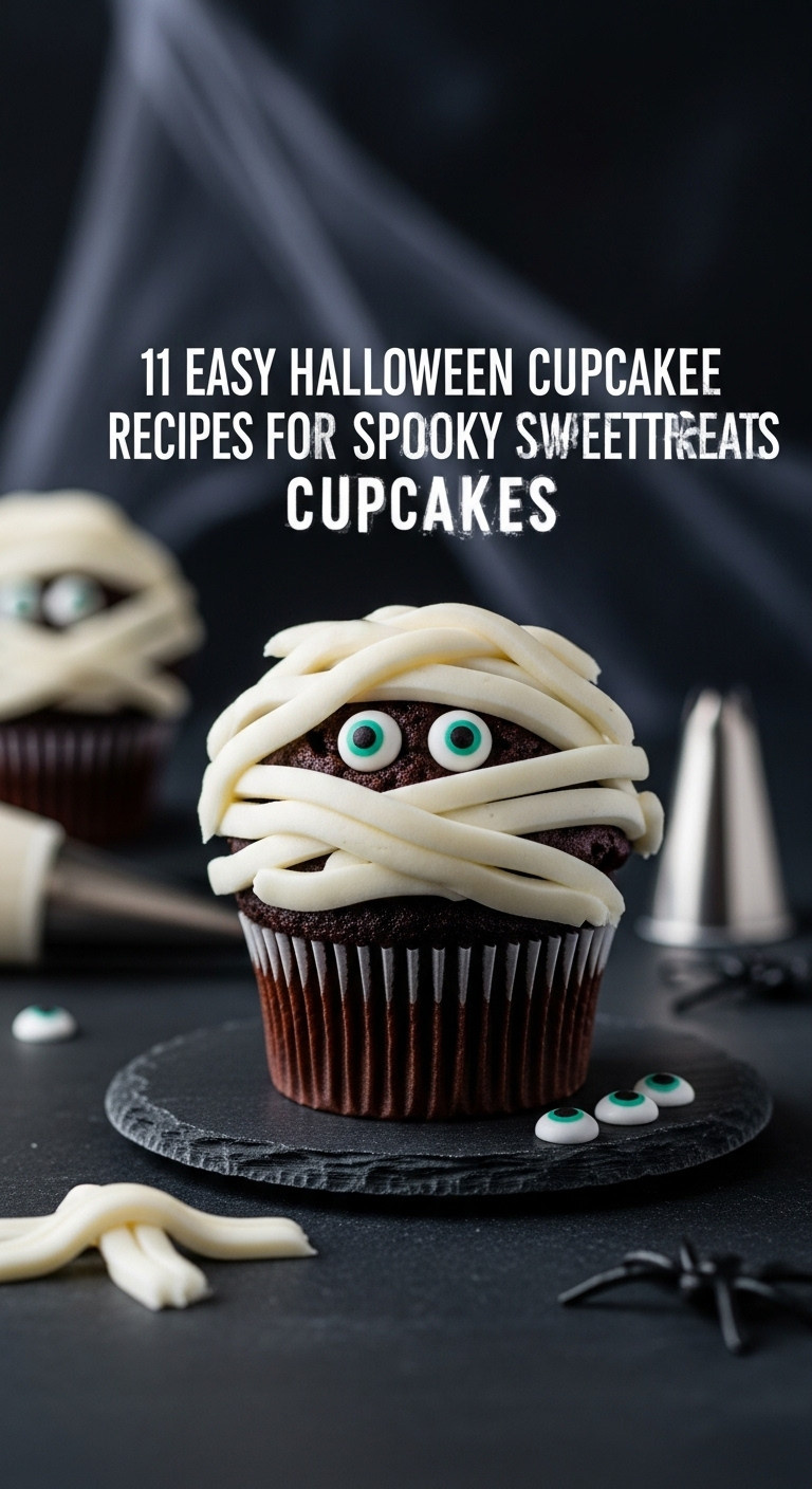Simple Mummy Cupcakes With White Buttercream Bandages And Candy Eyeballs On A Black Slate Coaster