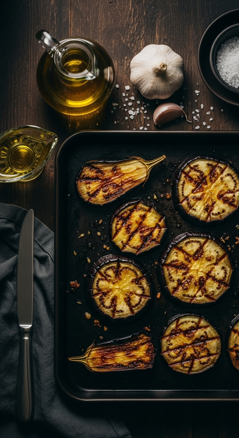Simple Roasted Eggplant Slices On A Dark Baking Sheet With Olive Oil Garlic And Coarse Sea Salt