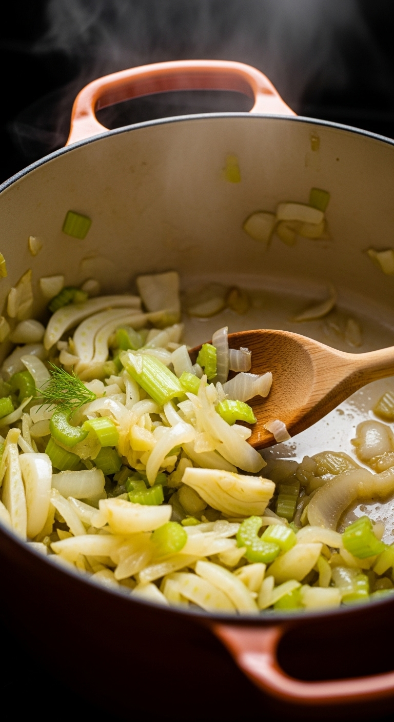 Close-Up Of A Wooden Spoon Stirring Softened Onions, Celery, And Fennel In A Warm-Toned Dutch Oven With Steam Rising, Captured In Soft, Inviting Light.