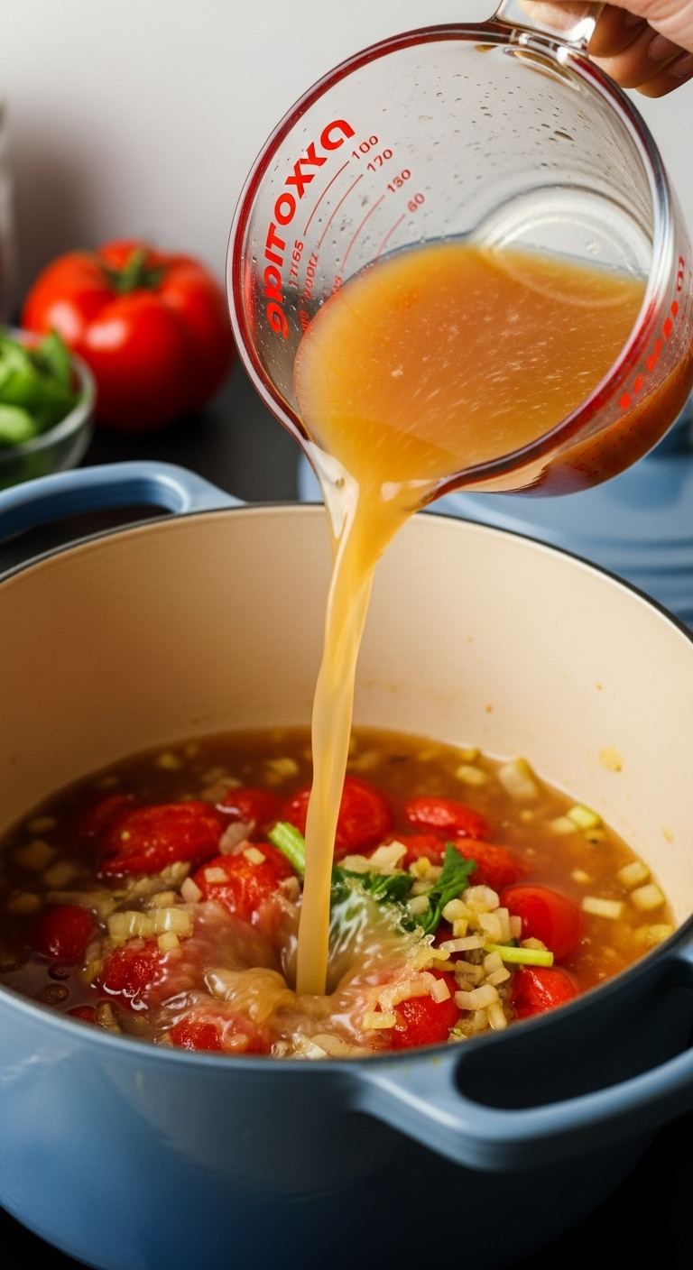 Hand Pouring Chicken Stock Into A Dutch Oven With Sautéed Tomatoes And Vegetables, Captured In Bright, Dynamic Lighting With Splashing Liquid.