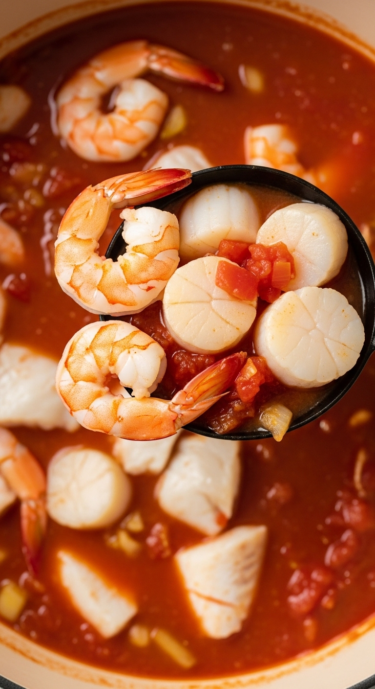 Fresh Shrimp And Scallops Being Added To Simmering Tomato Broth In A Pot, Showcasing Vibrant Colors And Textures In Bright Natural Light.