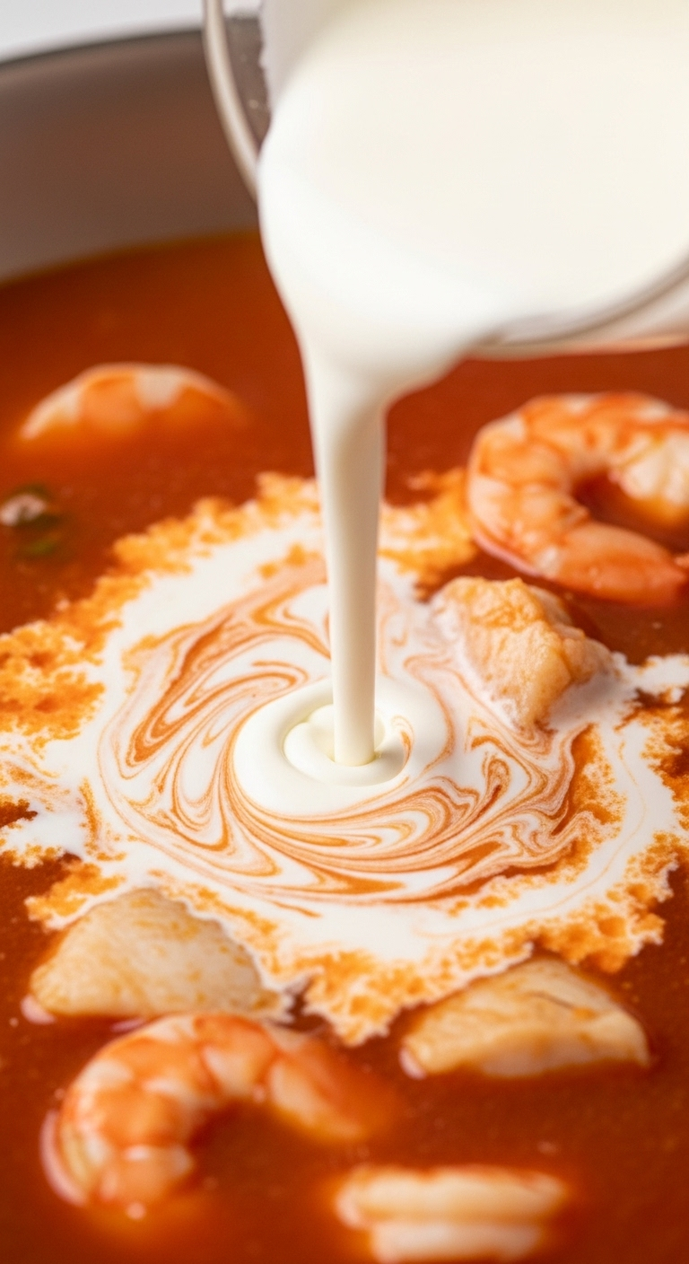 Close-Up Of White Cream Swirling Into Rich Red Seafood Soup With Chunks Of Shrimp And Fish, Captured In Soft, Warm Lighting Creating Luxurious Patterns.