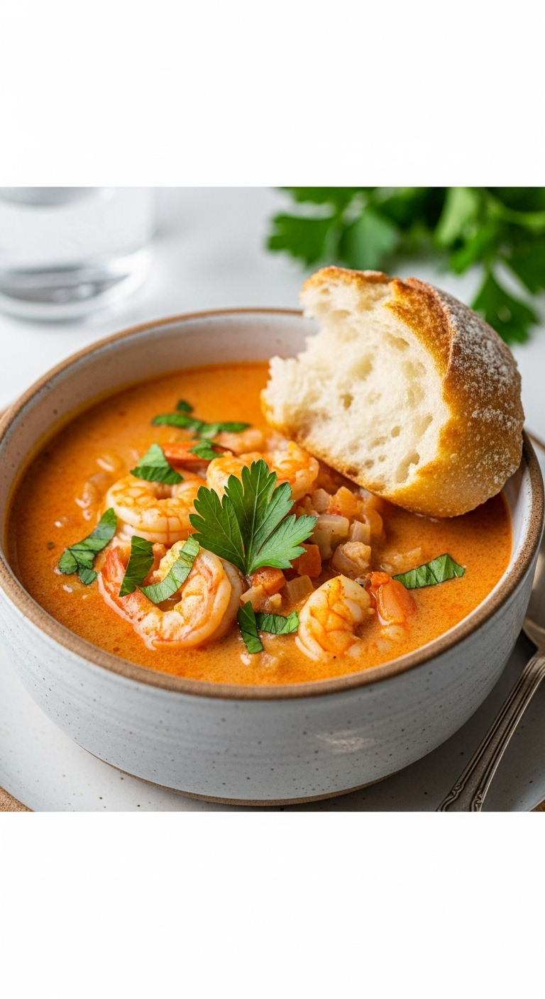 Rustic Ceramic Bowl Of Creamy Orange-Red Seafood Soup Garnished With Fresh Parsley, Served With Crusty Bread On An Elegant Table Setting In Bright, Appetizing Lighting.