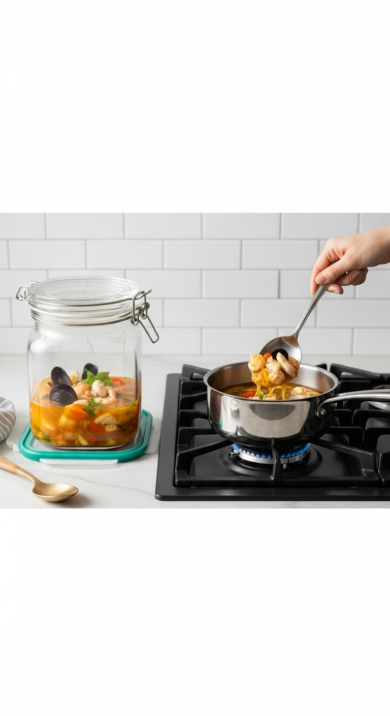 Clear Glass Container Of Seafood Soup Stored Airtight Beside A Small Saucepan Reheating A Portion On A Clean Stovetop In Bright, Modern Lighting.