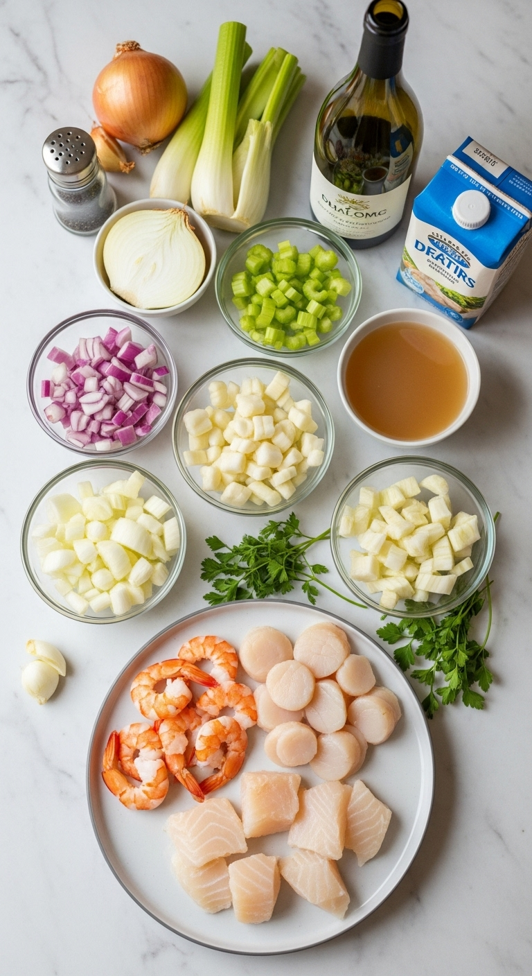 Flat Lay Of Fresh Seafood Soup Ingredients Including Diced Onion, Celery, Fennel, Shrimp, Scallops, Cod, White Wine, Stock, And Herbs Arranged Neatly On A White Marble Countertop With Bright, Natural Lighting.