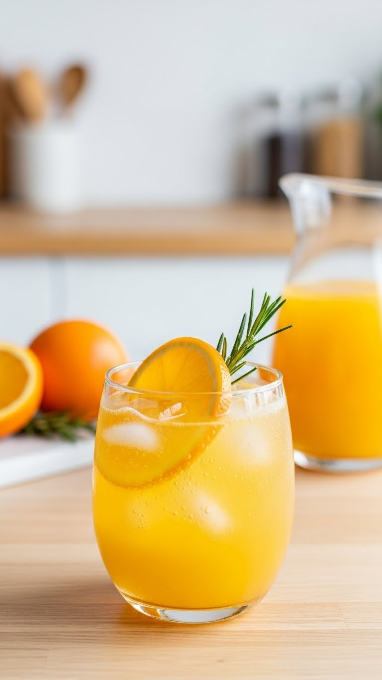 Simple Sprite And Orange Juice Cooler In Wide-Mouthed Glass With Ice Cubes, Orange Slice, And Rosemary Garnish On Modern Kitchen Counter