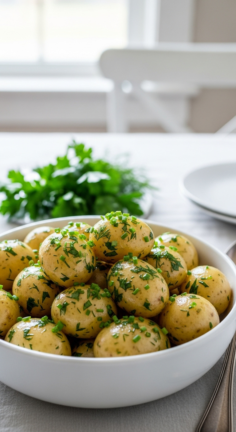 Simple Baby Potatoes With Melted Butter And Fresh Herbs In A White Ceramic Bowl On A Linen Tablecloth