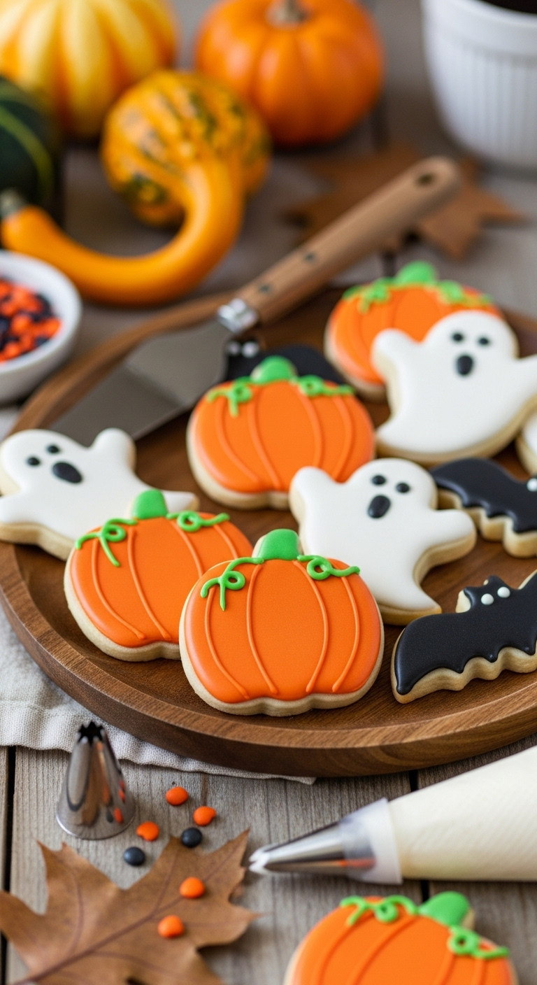 Simple Buttercream Frosted Halloween Cookies: Orange Pumpkins, White Ghosts With Eyes, Black Bats On A Rustic Tray With Sprinkles.
