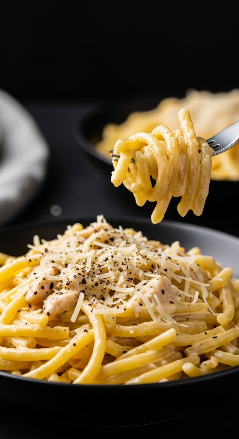Simple Chicken Carbonara With Creamy Sauce And Black Pepper