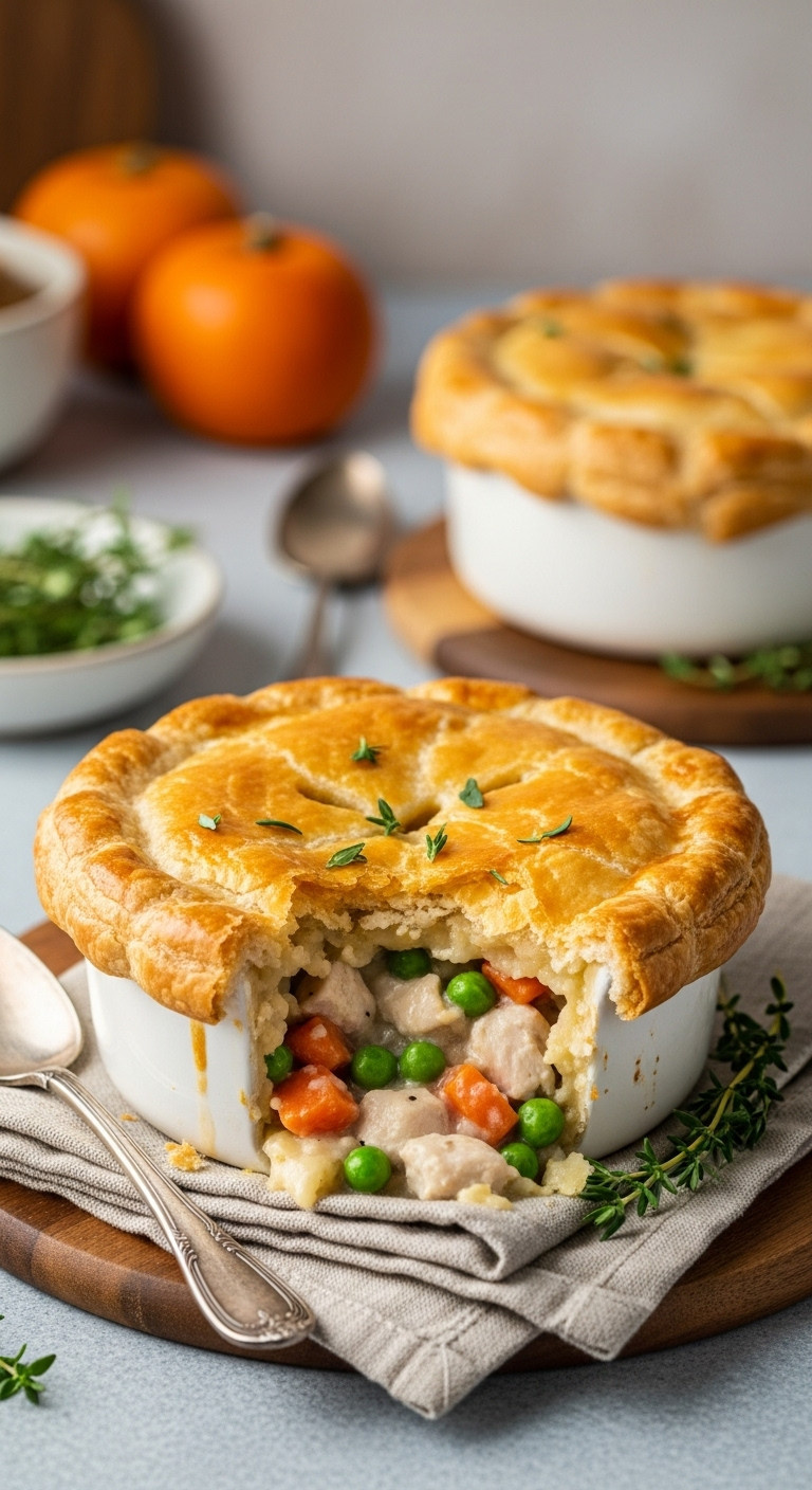 Simple Chicken Potpie In A Ceramic Ramekin With Flaky Crust Revealing Creamy Chicken Peas And Carrots Inside