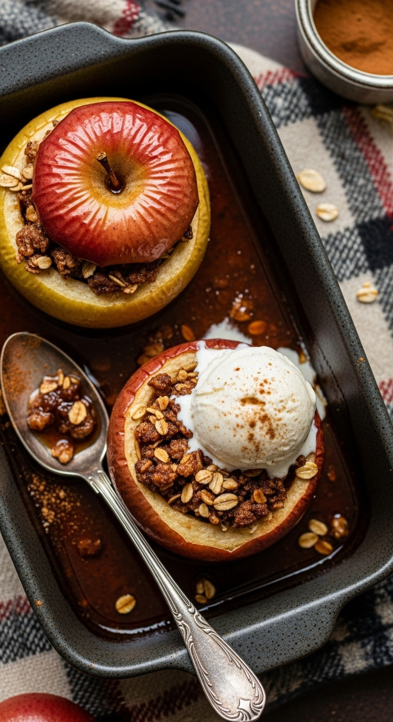 Simple Cinnamon Baked Apples With Bubbly Oat Filling And Melting Vanilla Ice Cream In A Ceramic Dish