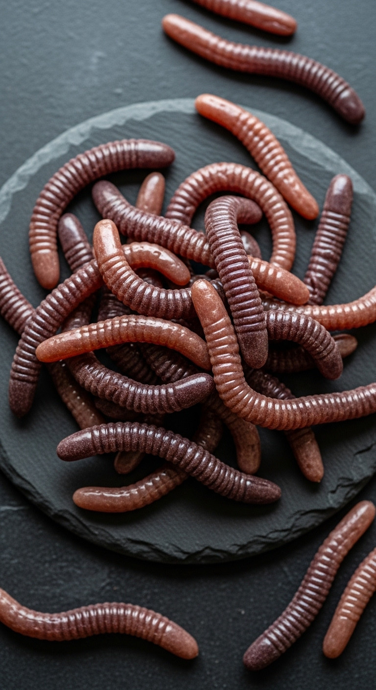 Simple Homemade Jelly Worms In Dark Purple And Reddish-Brown On A Slate Plate With Straws Perfect For Gory Halloween Recipes
