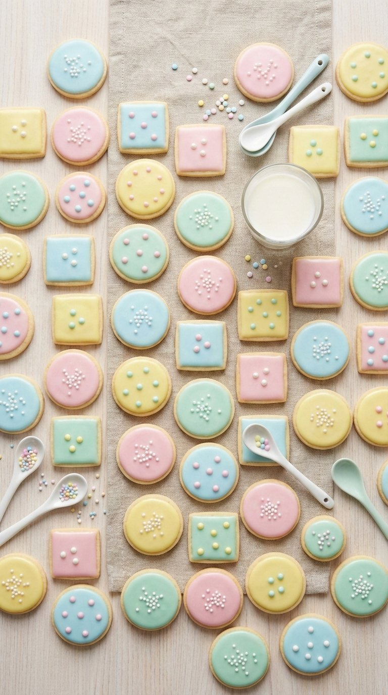 Simple Iced Biscuits With Pastel Glazes And Sprinkles Arranged On Light Wooden Table.