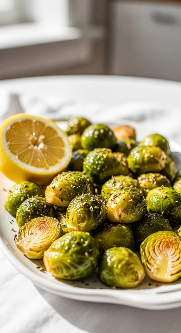 Simple Lemon And Herb Roasted Frozen Brussels Sprouts On A Serving Platter With A Lemon Wedge And Juice