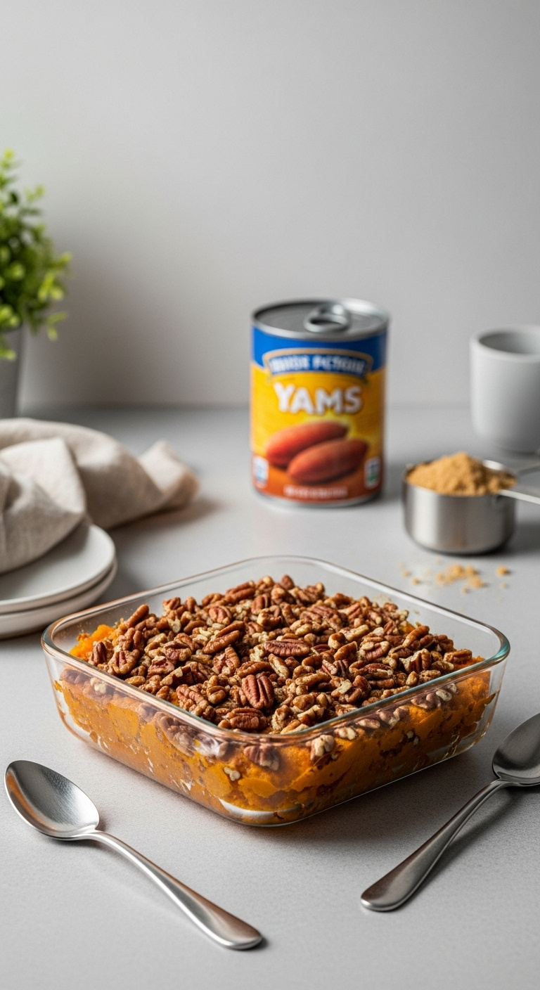 Simple Sweet Potato Casserole With Pecans In A Glass Dish With Canned Yams And Brown Sugar In The Background