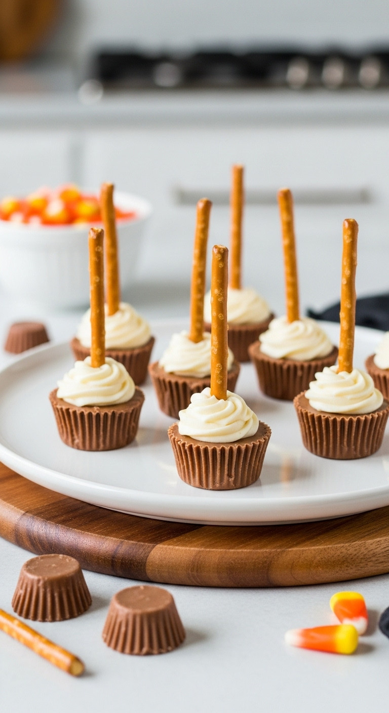 Simple Sweet Witches Brooms Made From Mini Peanut Butter Cups And Pretzel Sticks On A Rustic Wooden Board