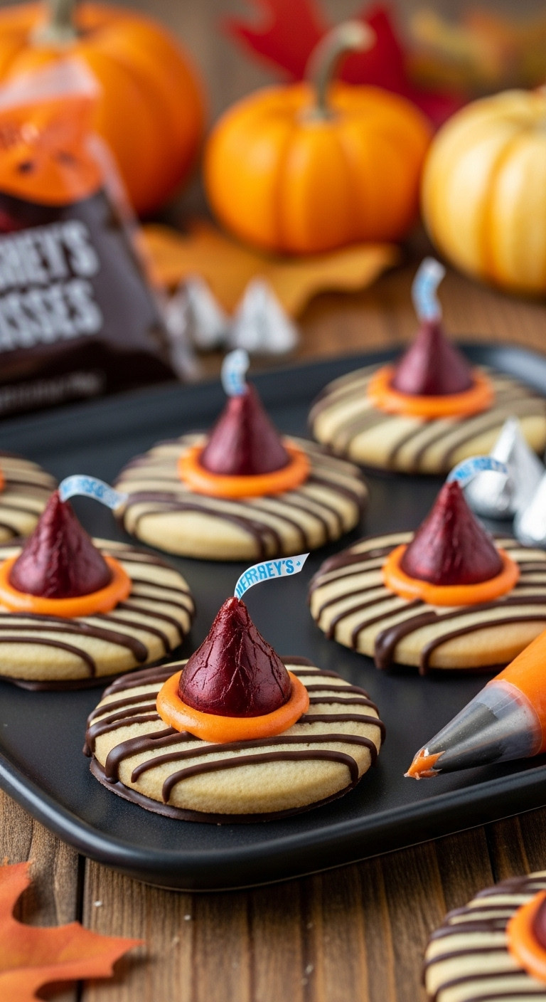 Simple Witch Hat Cookies With Chocolate Base Hershey's Kiss And Orange Frosting On A Rustic Wooden Table For Halloween Fun