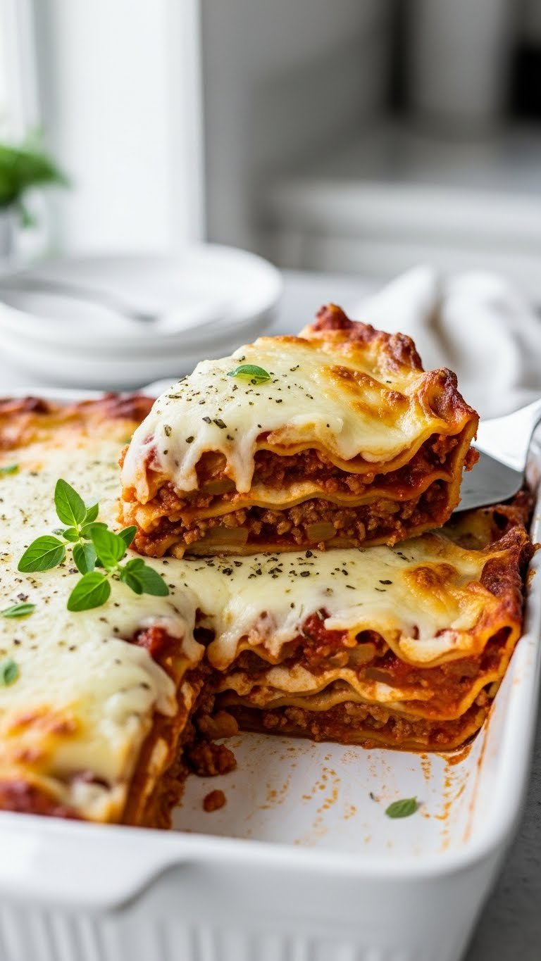 Simplified Weeknight Lasagna With Golden Cheese Topping And Visible Pasta Layers In White Baking Dish