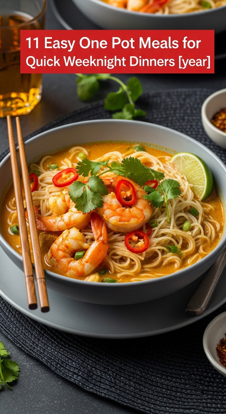 Singaporean Noodle Curry Shrimp With Cilantro Chili And Lime In A Deep Bowl On A Dark Textured Placemat