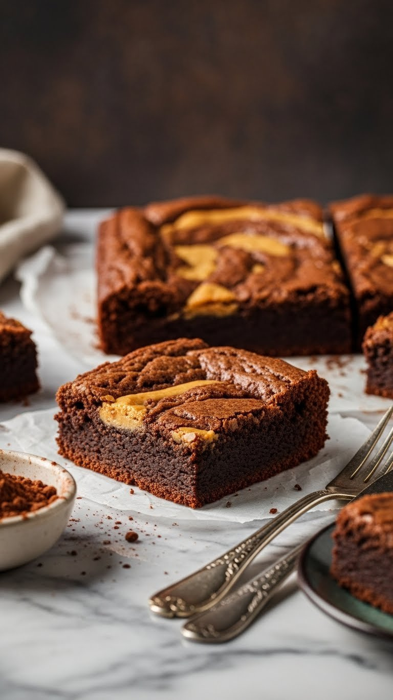 Single Fudgy Vegan Brownie Square With Peanut Butter Swirl And Crackle Top On Marble Countertop, Elegant Utensils.