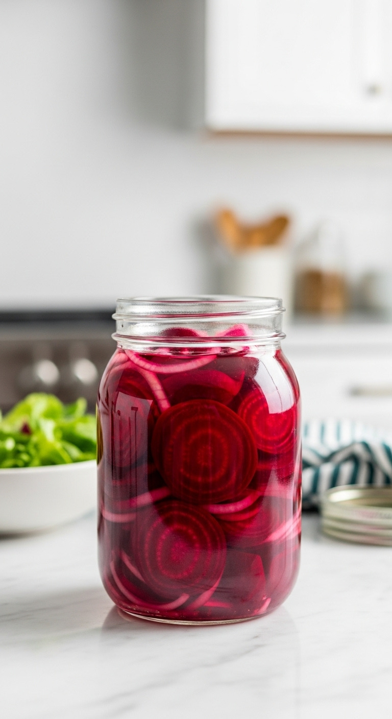 Single Glass Jar Of Vibrant Sliced Pickled Beets And Onion Sealed With A Metal Lid On A Clean Marble Countertop In A Modern Kitchen