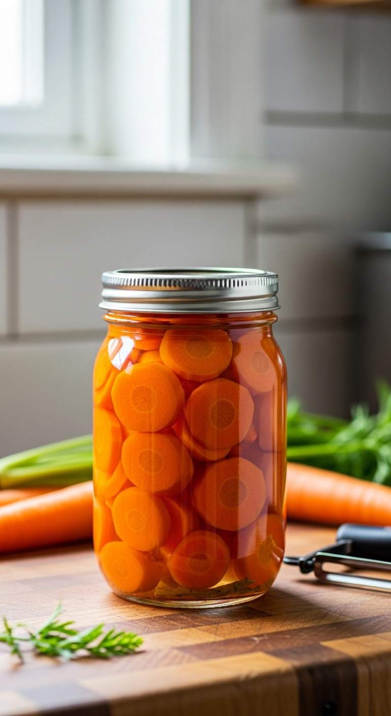 Single Glass Pint Jar Of Vibrant Orange Canned Carrot Slices With A Silver Lid On A Butcher Block With Whole Carrots And Peeler