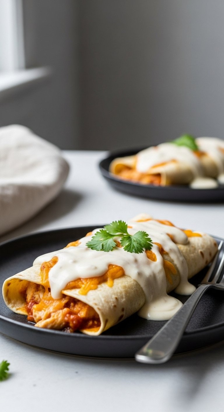 Single Keto White Chicken Enchilada With Cilantro On A Dark Ceramic Plate With A Fork Nearby.