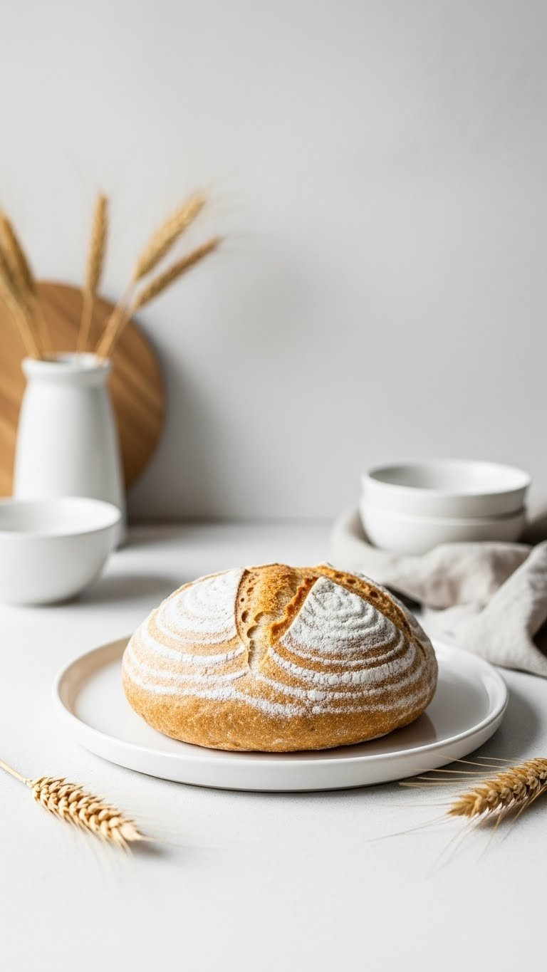 Single Perfectly Scored Sourdough Loaf On White Ceramic Plate Against Minimalist Background With Soft Lighting