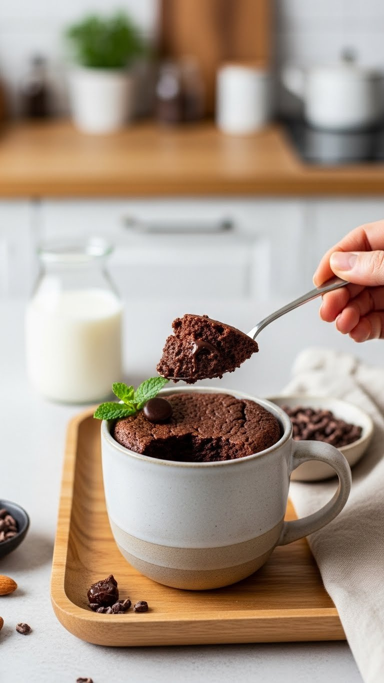 Single-Serve Chocolate Mug Cake In Ceramic Mug With Spoonful Revealing Moist Interior And Chocolate Chips